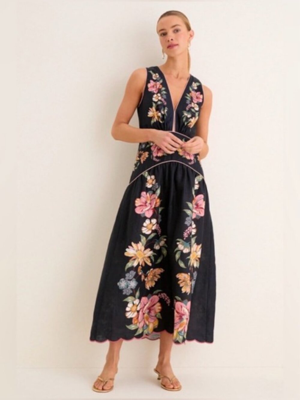 FARM Rio Maira Linen Dress Blue Floral Sleeveless V-Neck Midi S